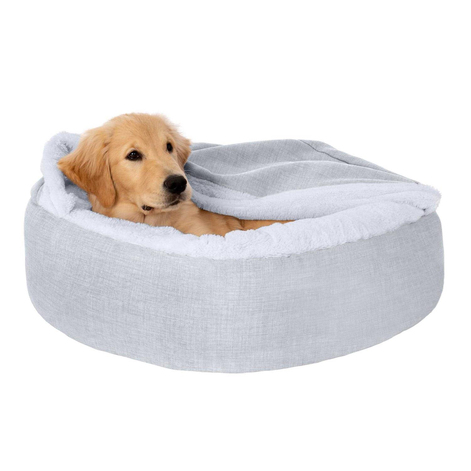 FurHaven Pet Products Plush & Performance Linen Hooded Donut Pet Bed for Dogs & Cats - Healthber