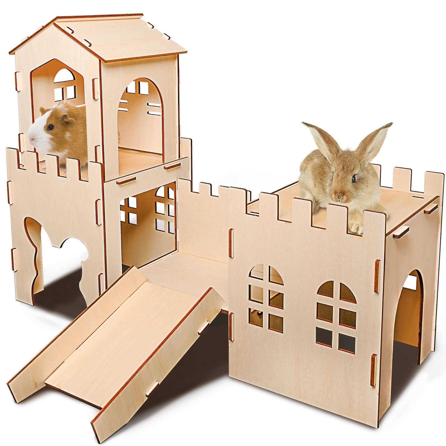 Extra Large Wooden Rabbit Castle Hideaway Tunnel and Bed Small Animal Hideaway Hut Solid Safe Construction Play Hideaway Hut for Rabbit Guinea Pig - Healthber