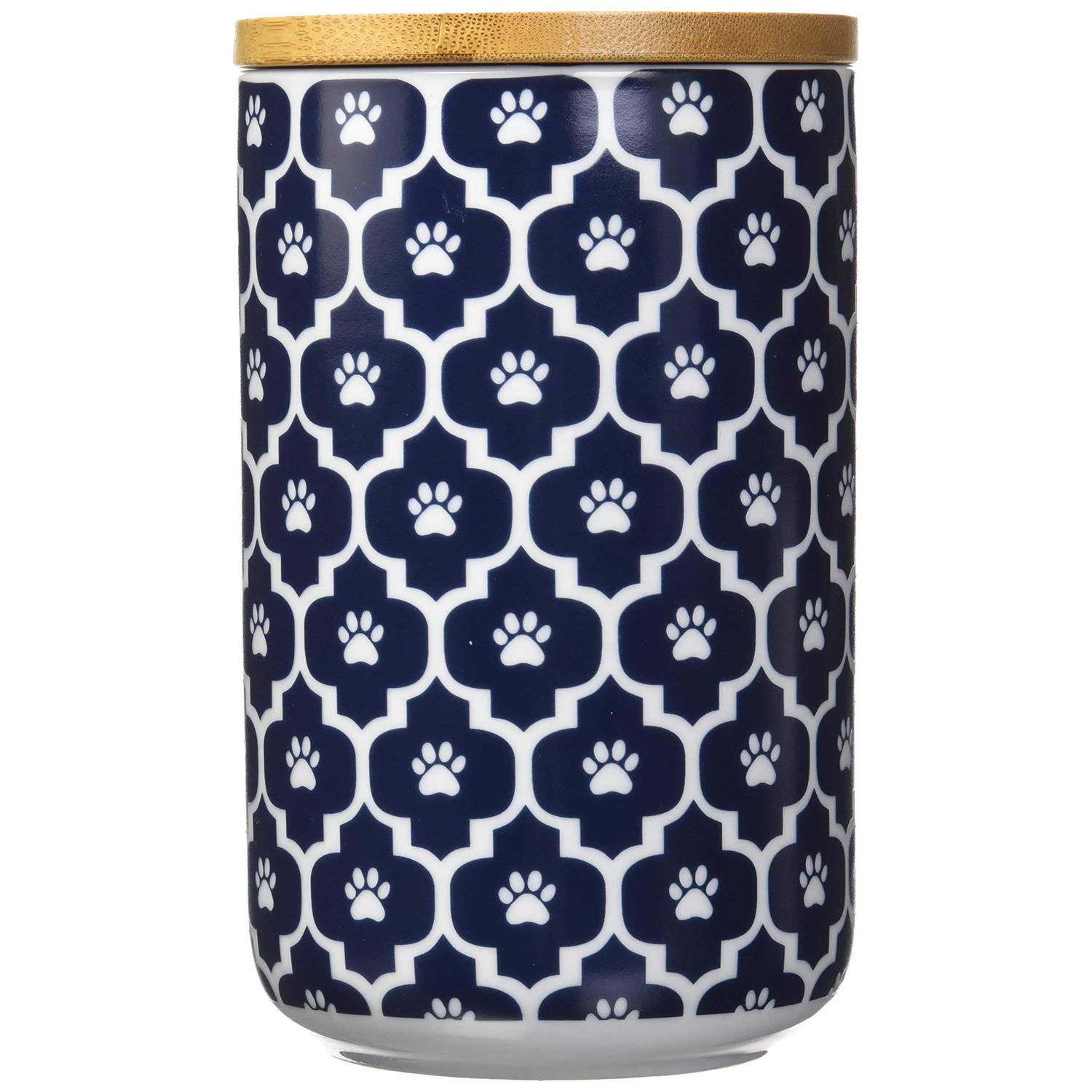Bone Dry Nautical Blue Paw Lattice Print Ceramic Treat Canister - Healthber