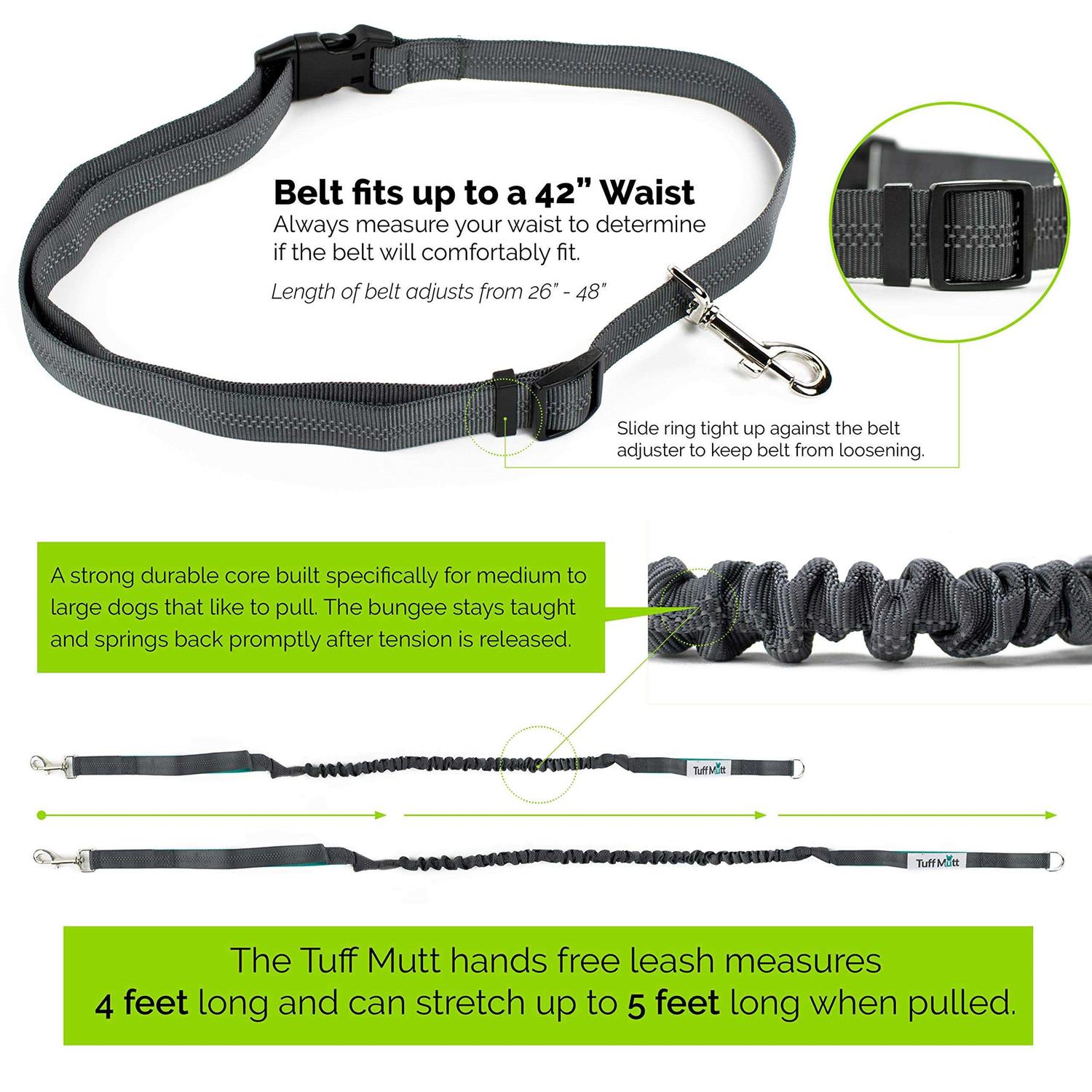 Tuff Mutt Hands Free Dog Leash for Running Walking Hiking Durable Dual-Handle Bungee Leash - Healthber