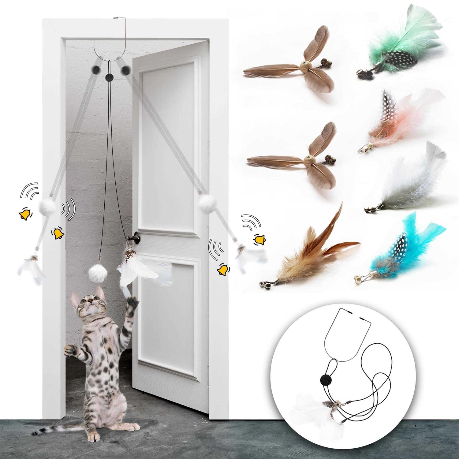 LEKEWPET Retractable cat Feather Toys 7PCS Refills with Bell Interactive Doorway Hanging Teaser Toys for Indoor Cats. Kitten Play Exercise Feather - Healthber