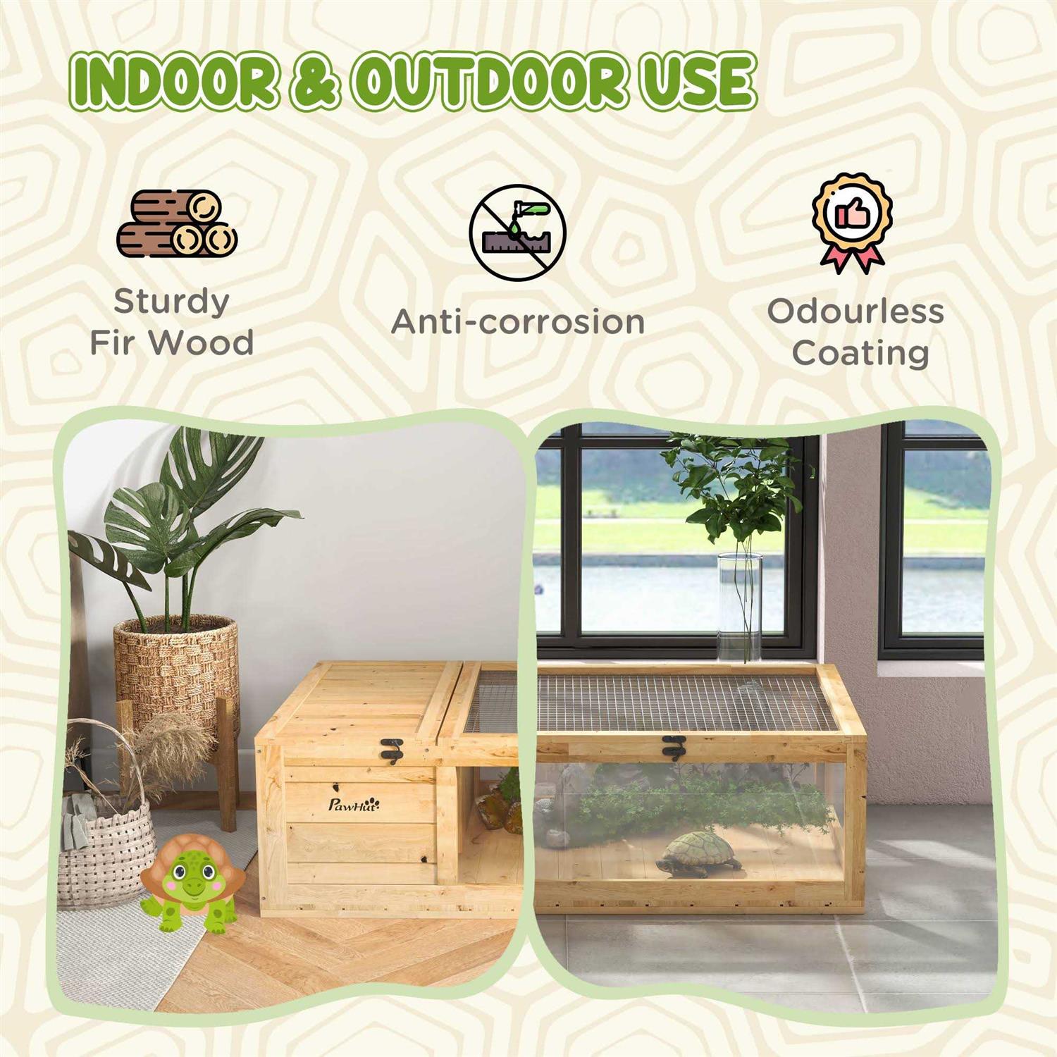 PawHut Wooden Tortoise House Turtle Habitat Enclosure Outdoor Reptile Cage - Healthber