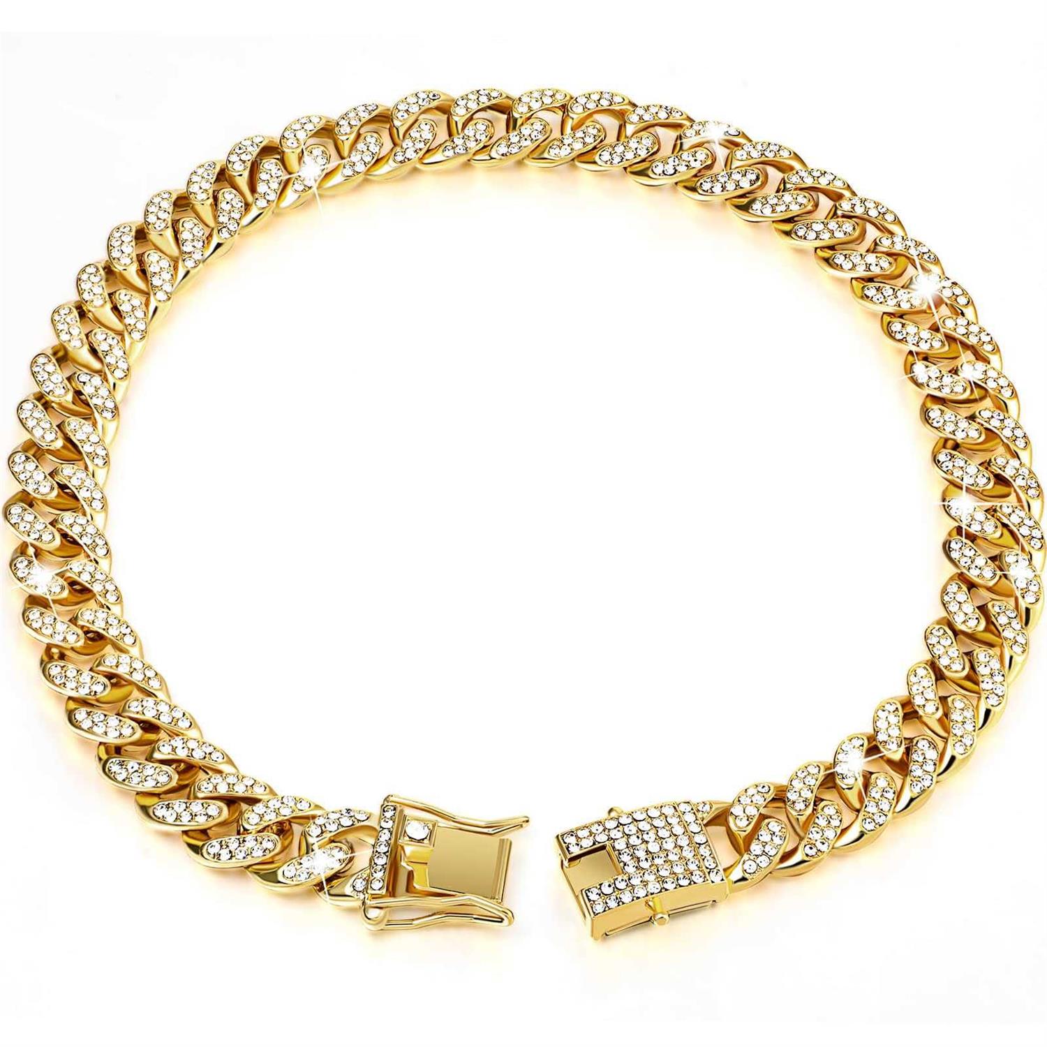 Tallew Dog Chain Diamond cuban Collar Walking Metal Chain Collar with Design Secure Buckle - Healthber