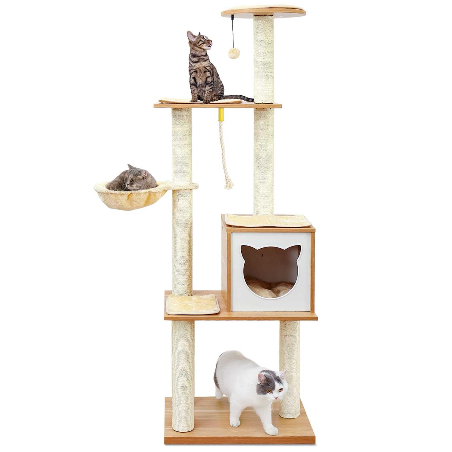 MADE 4 PETS Made4Pets Cat Tree for Indoor Cats Modern Cat Tower 65 Tall Wood Kitten Condo with Hammock for Small Large Cats - Healthber