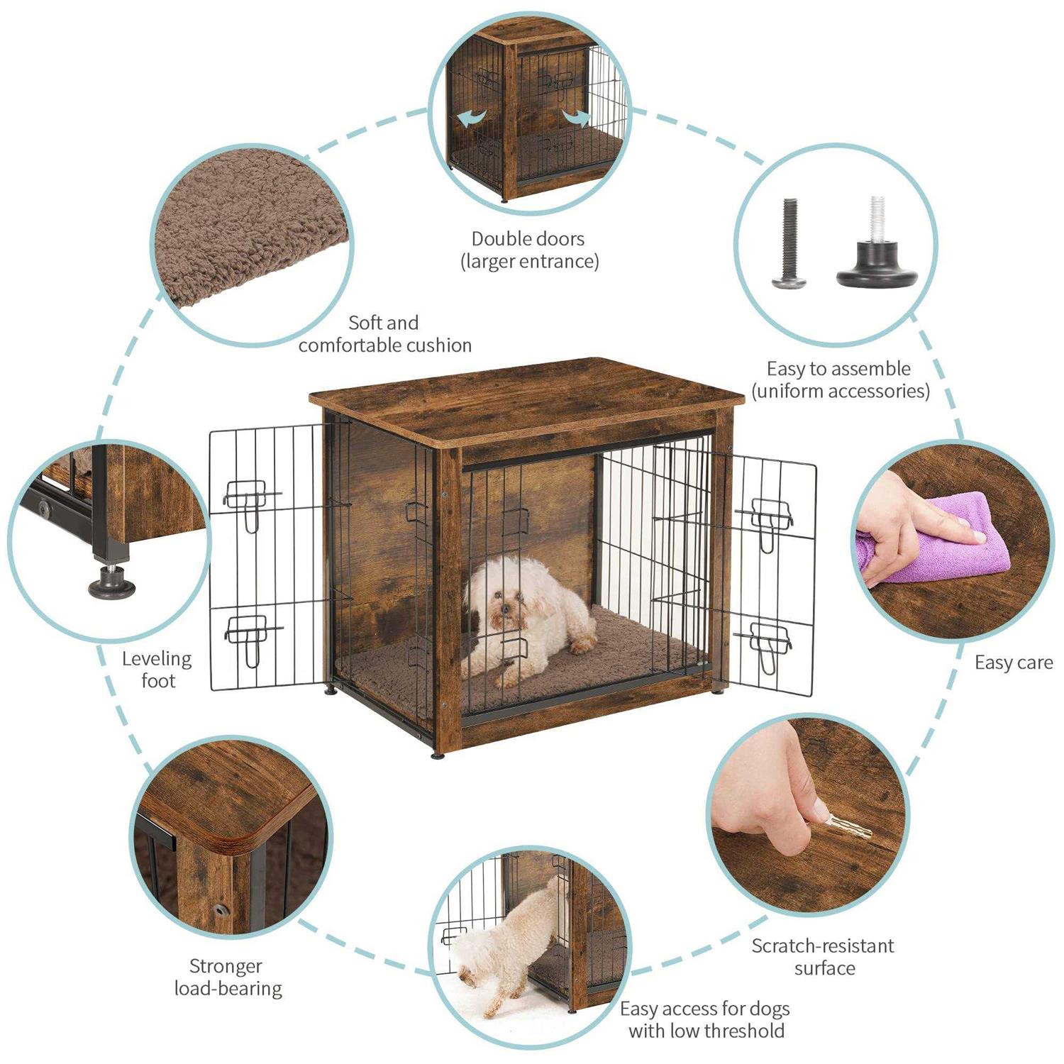 DWANTON Dog Crate Furniture with Cushion Wooden Dog Crate with Double Doors - Healthber