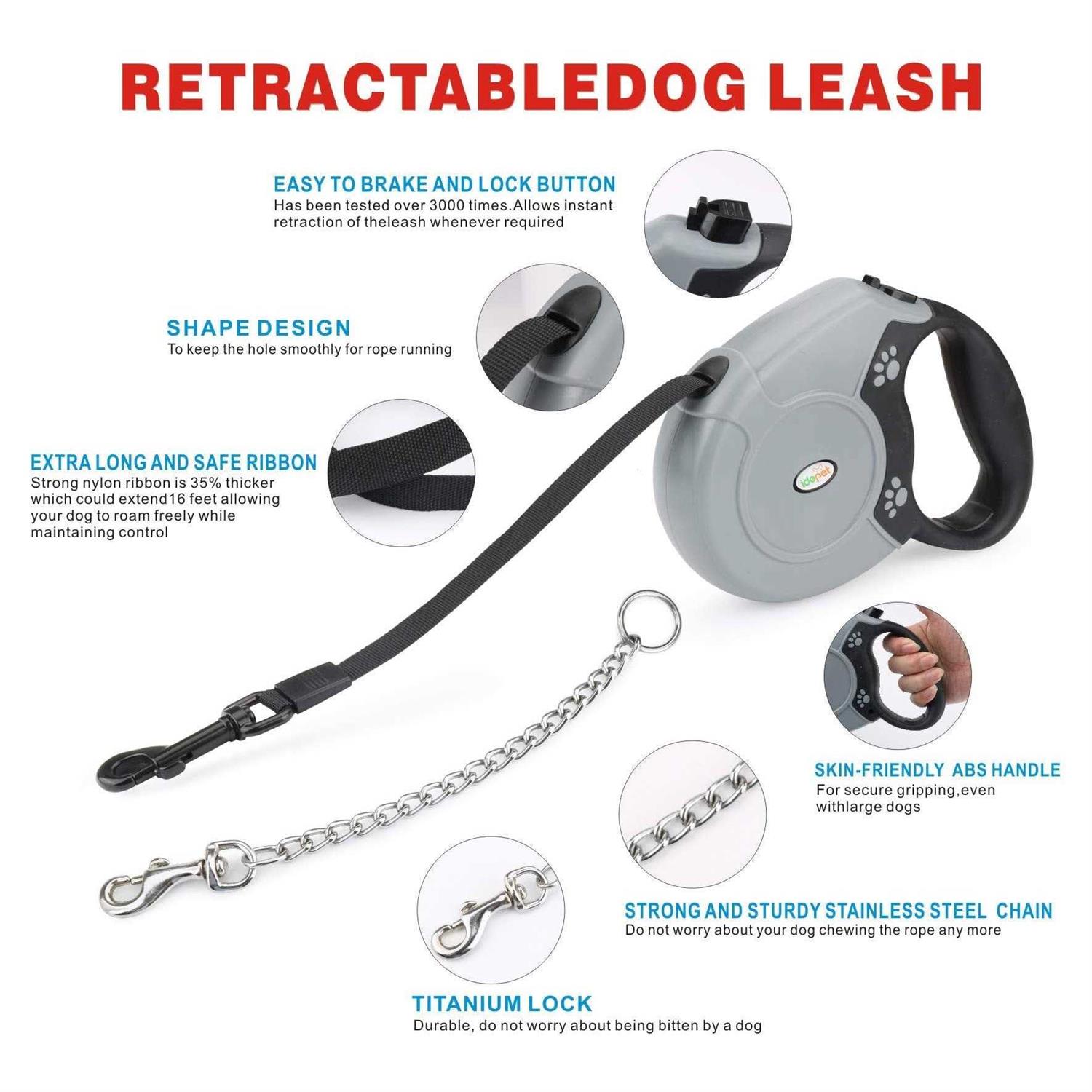 Idepet Heavy Duty Retractable Dog Leash for Small and Medium Dogs, Anti-Chewing Steel Chain 360 Degree Tangle-Free,Break and Lock System,16ft Leash - Healthber