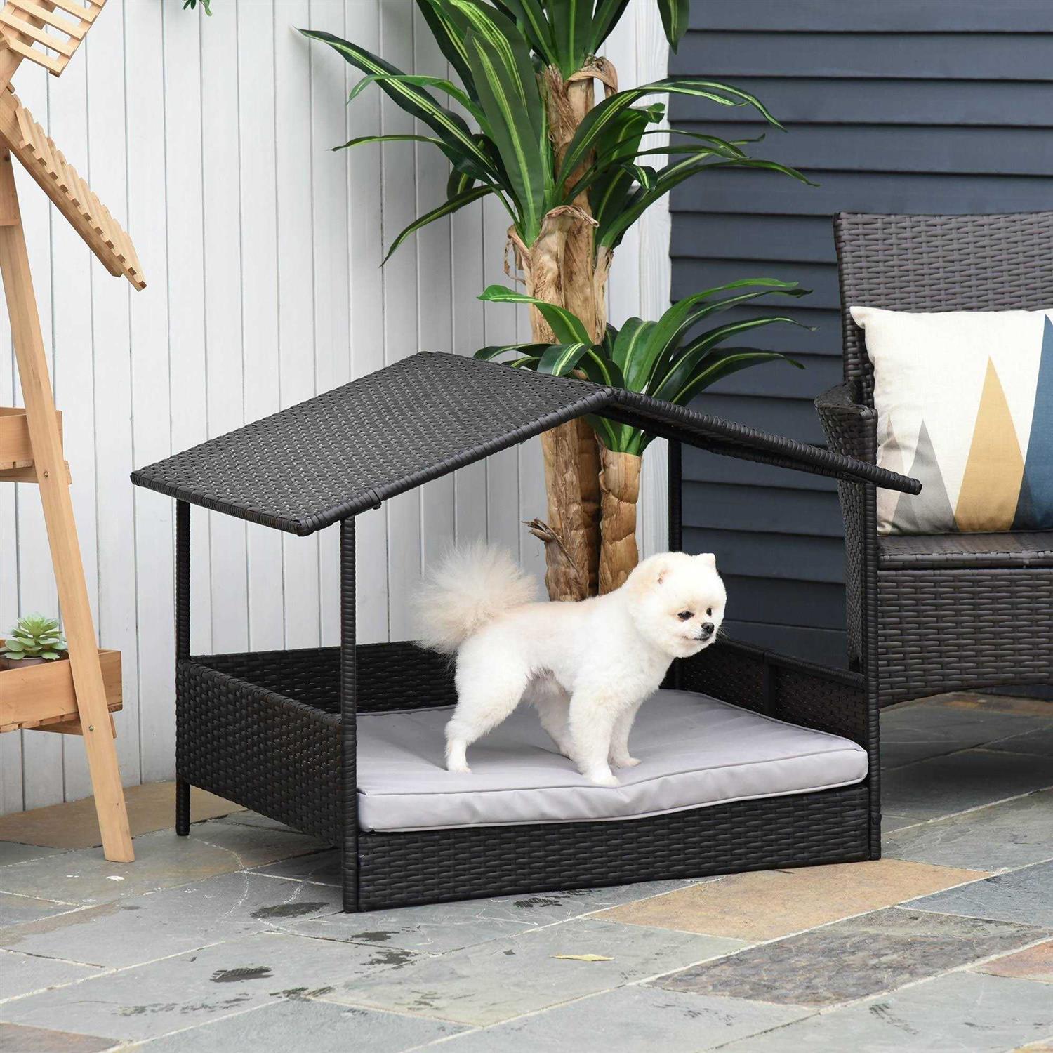 PawHut Wicker Dog House Elevated Raised Rattan Bed for Indoor/Outdoor with Removable Cushion Lounge - Healthber
