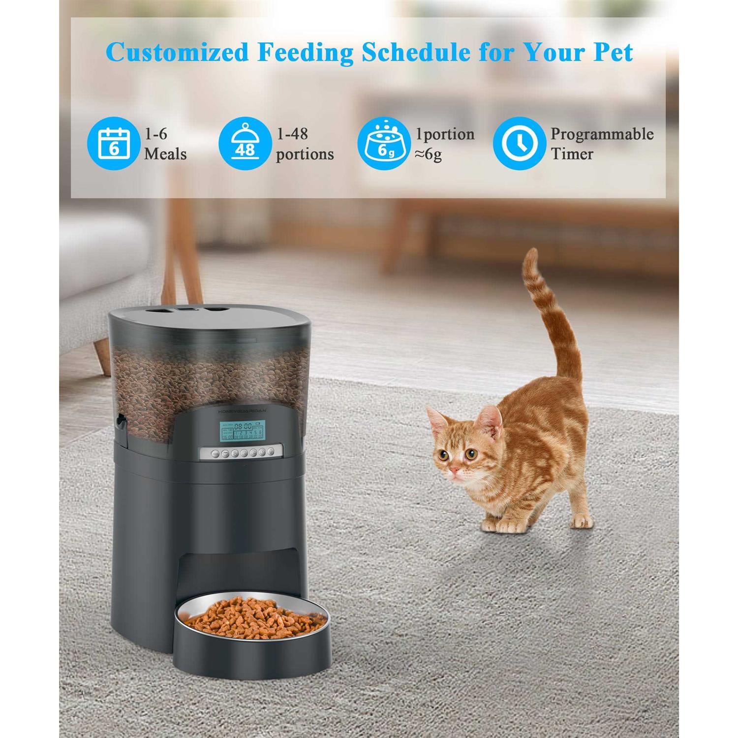 Cat Feeder HoneyGuaridan 4.5l Automatic Pet Feeder for Dogs Food Dispenser Auto Cat Feeder 6 Meal Portion Control - Healthber