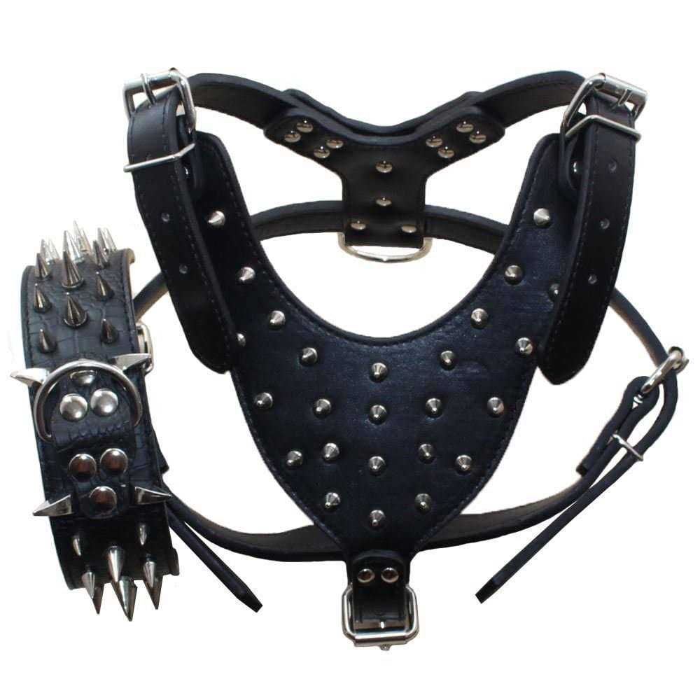 Haoyueer Leather Spiked Studded Medium & Large Dog Collars Harnesses Matching Set for Pit Bull,Mastiff - Healthber