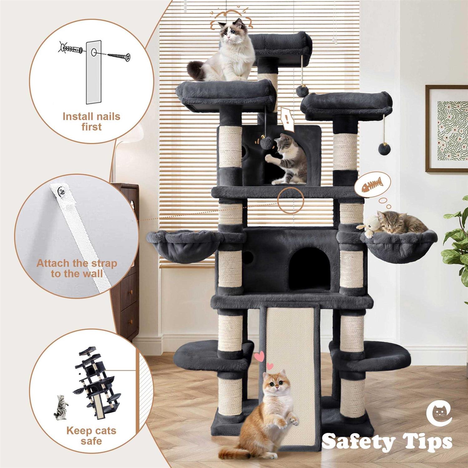 Amolife 68 Inch Cat Tower Multi-Level / X-Large Cat Tree King with Scratching Posts Kitty Pet Play House - Healthber