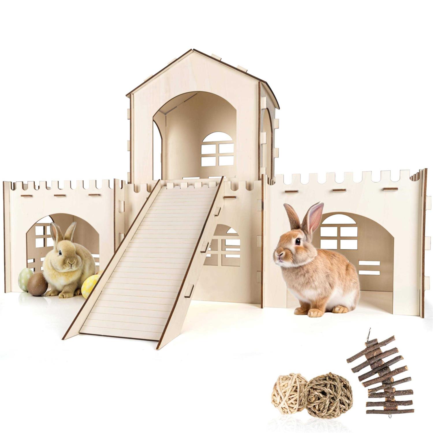Cour Pets Large Rabbit Castle & Chew Toys Set of Wooden Rabbit Hideout with 3 Chew Toys & Staircase - Healthber