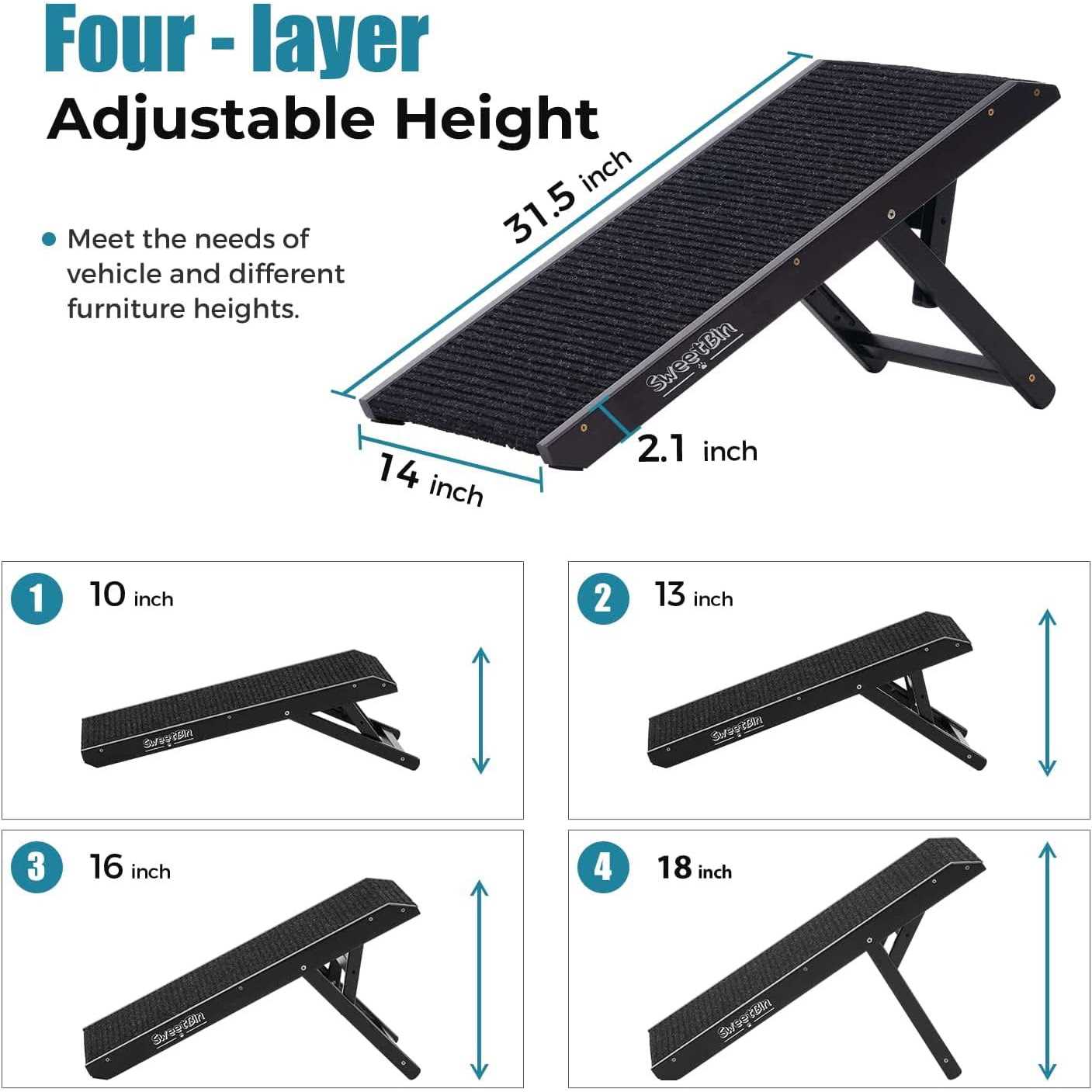 Sweetbin 18 Tall Adjustable Pet Ramp Small Dog Use Only Wooden Folding Portable Dog & Cat Ramp Perfect for Couch or Bed with Non Slip Carpet - Healthber