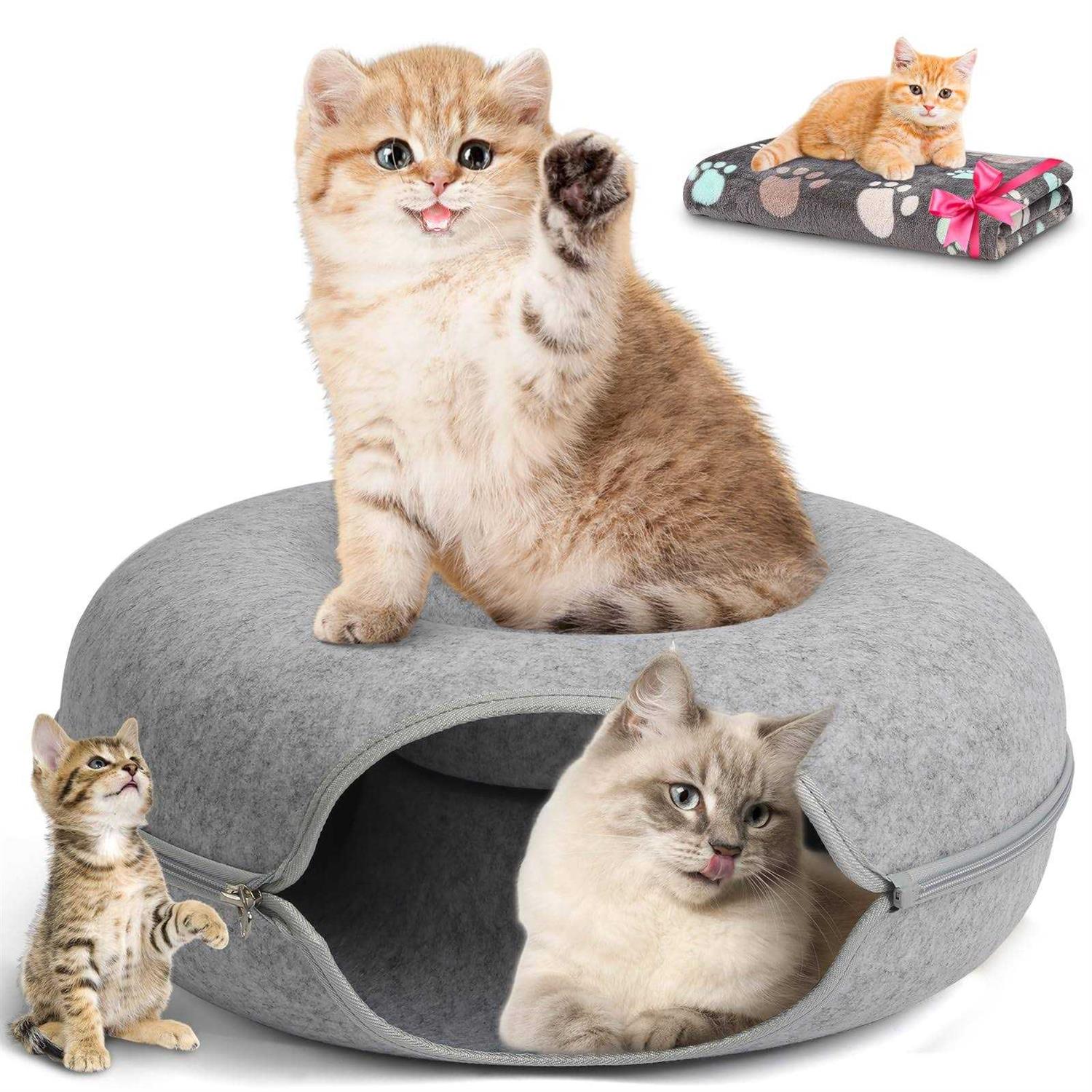 HOMAGICO Cat Tunnel Bed,Peekaboo Cat Cave with Pet Blanket,Detachable Donut Tunnels for Indoor Cats,Cat Tunnel Toy,Felt Round Cat Bed Suitable - Healthber