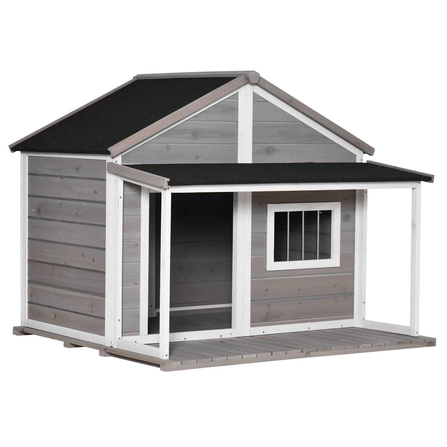 PawHut Outdoor Dog House Cabin Style Wooden Raised Pet Kennel with Asphalt Roof - Healthber