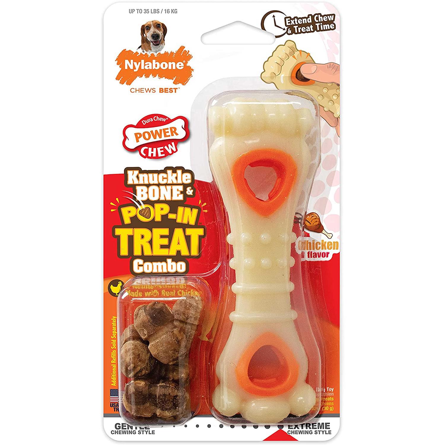 Nylabone Power Chew Knuckle Bone & Pop-In Treat Combo Chicken Toy - Healthber