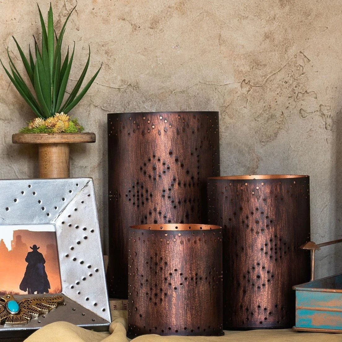Cross Distressed Metal Cylinder Pillar Candle Holder, Set of 3 - Healthber