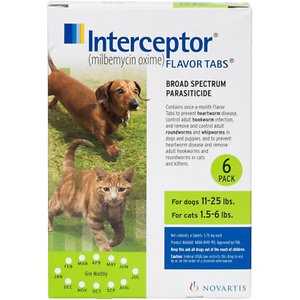 Interceptor 5.75 mg Milbemycin Oxime Tablets for Dogs 11-25 lbs & Cats 1.5-6 lbs, 6 treatments - Healthber