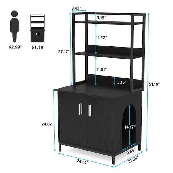 Kellum Black Litter Box Enclosure, Industrial Cat Cabinet with Shelves and Doors - Healthber