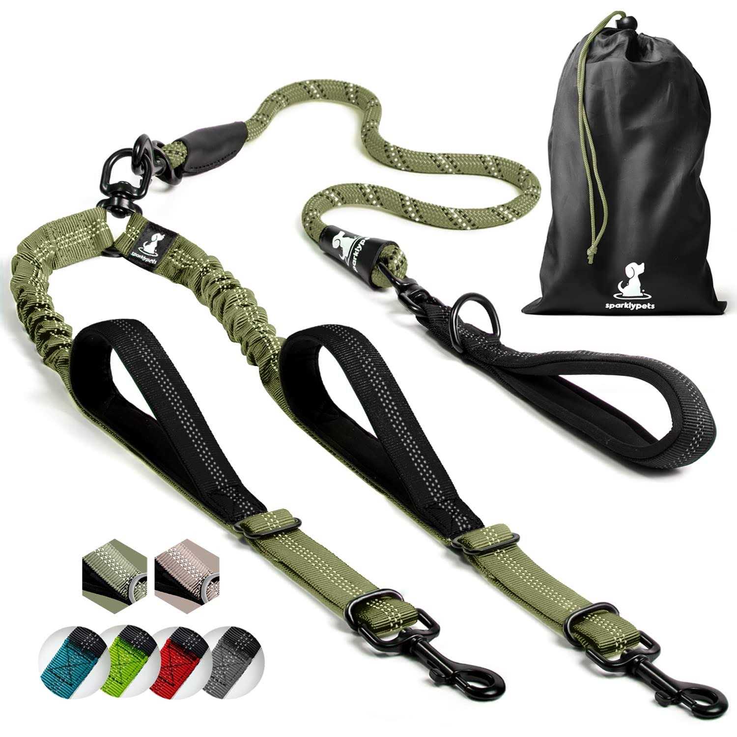 SparklyPets Double Dog Leash for 2 Dogs – Rope Bungee Dual Leash for Medium and Large Dogs with Padded Handles Tangle - Healthber