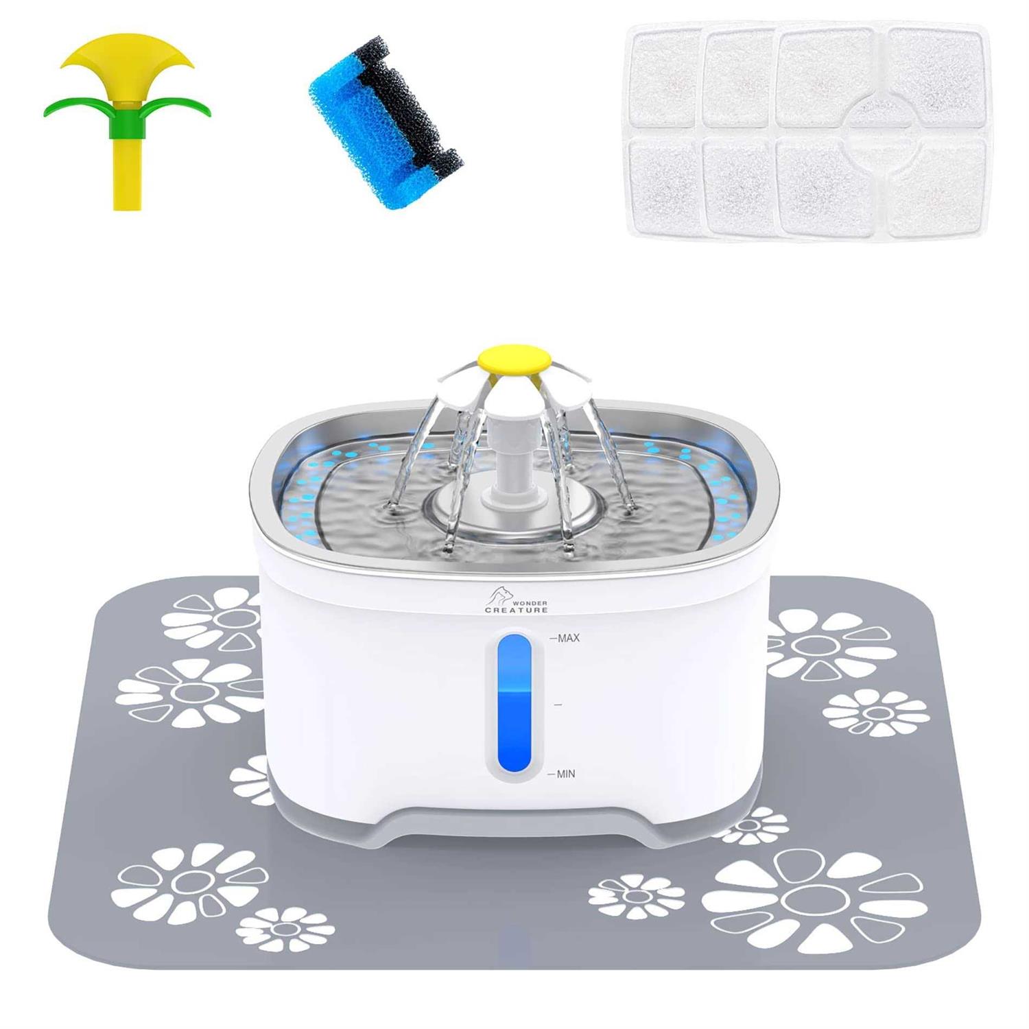Wonder Creature Cat Fountain Stainless Steel, 84oz/2.5L Automatic Pet Fountain with Water Level Window and LED Light for Water Shortage Alert - Healthber