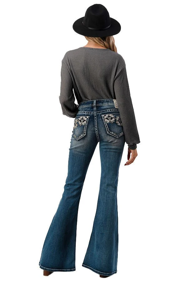 Grace in LA Aztec Embellished Mid Rise Flare Jeans - Healthber