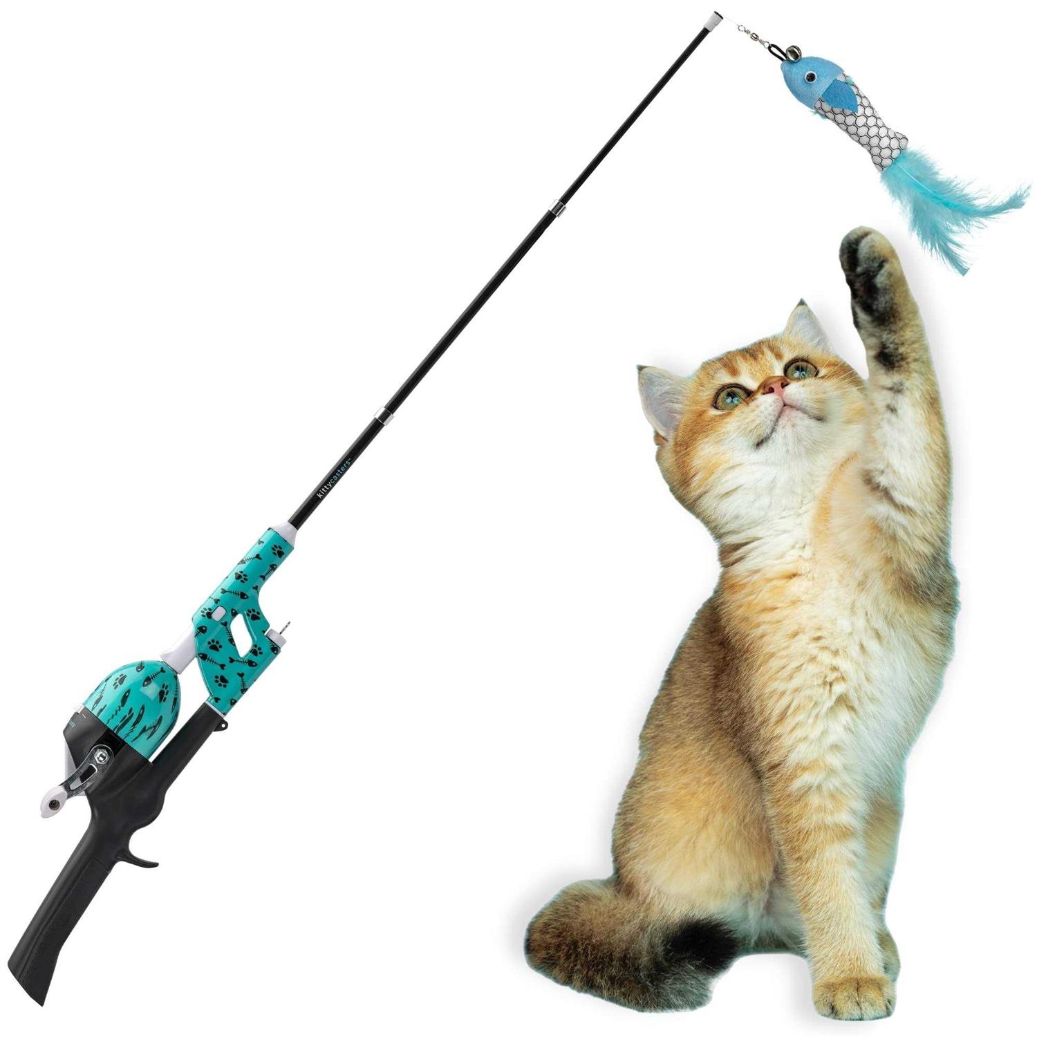 Kid Casters Cat Caster Fishing Pole Toy Tangle Free Retractable & Easy to Store. Includes Two Interchangeable Teaser Toys - Healthber