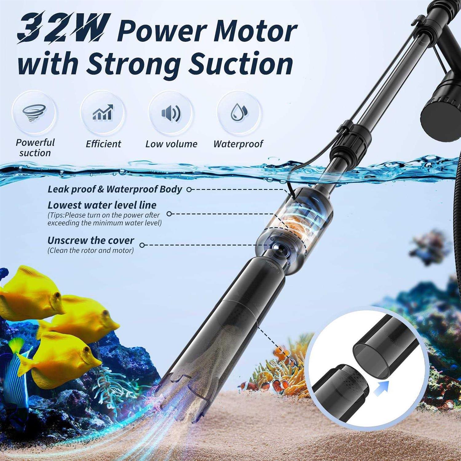 Mildhug Fish Tank Cleaner Aquarium Gravel Cleaner 530GPH/32W Electric Fish Tank Cleaning Tools - Healthber
