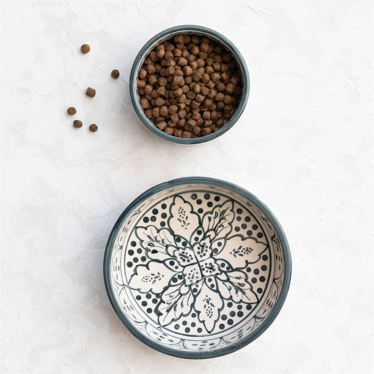 Creative Co-Op Hand-Painted Stoneware Pet Bowl with Botanical Design - Healthber