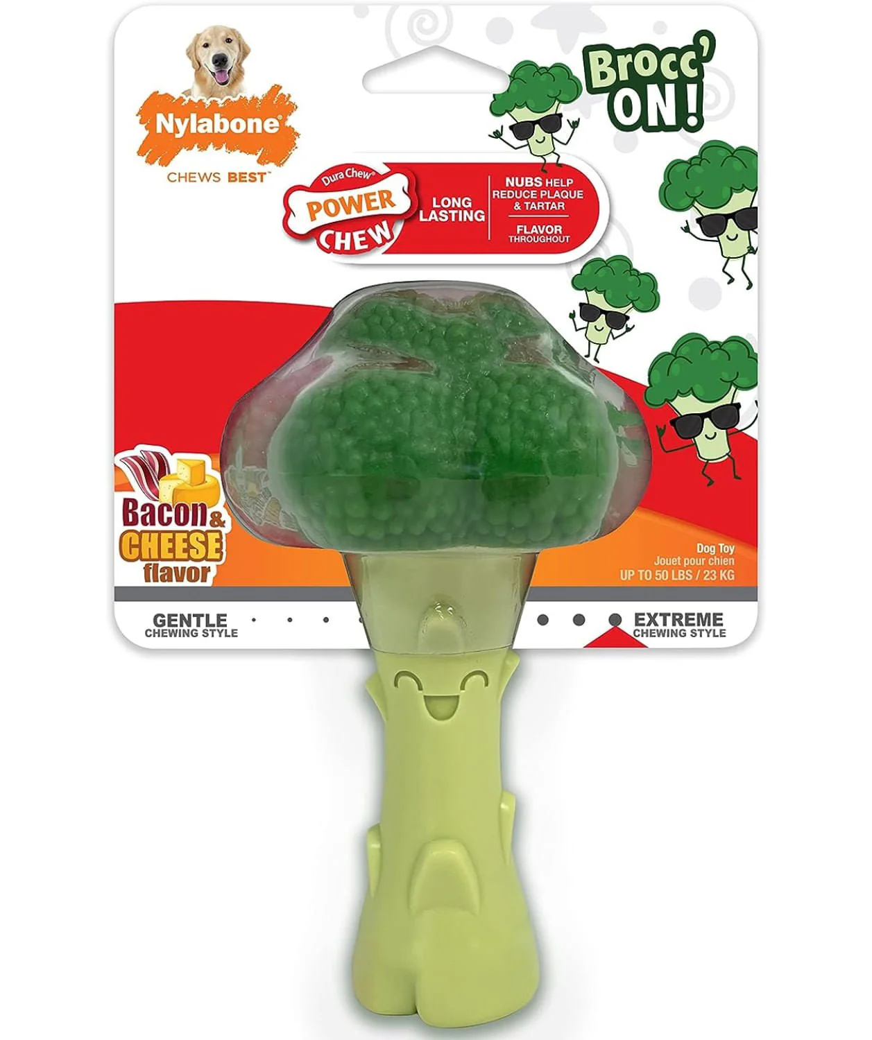 Power Chew Broccoli Dog Toy, Bacon & Cheese, Large/Giant, Up to 50 lbs - Healthber