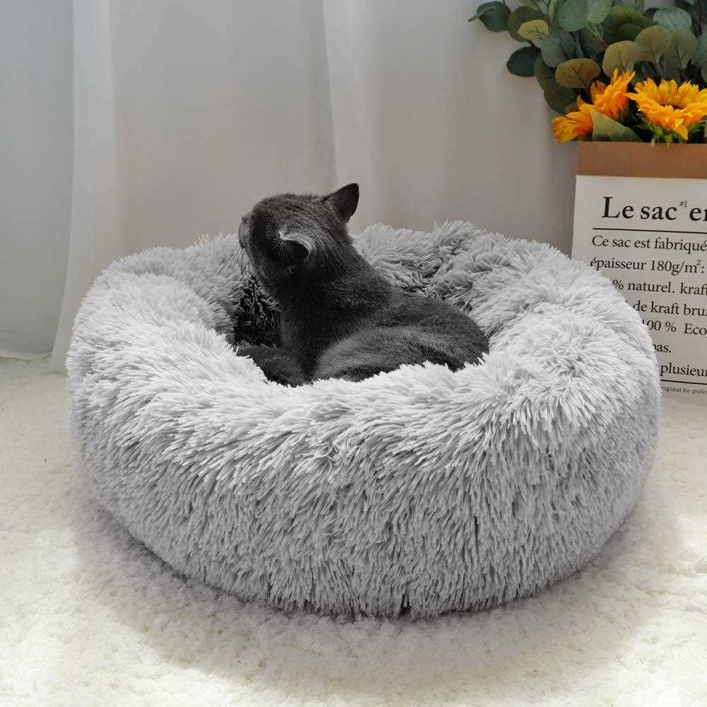 Otoez Round Plush Donut Pet Bed Warm Fur Cuddler Dog Cat Cushion Bed Calming Bed Non-Slip Bottom - Healthber