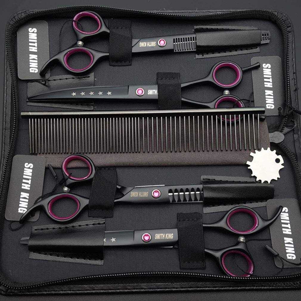 Smithking 7.0 inches Professional Dog Grooming Scissors Set Straight & thinning & Curved & chunkers 4pcs in 1 Set - Healthber
