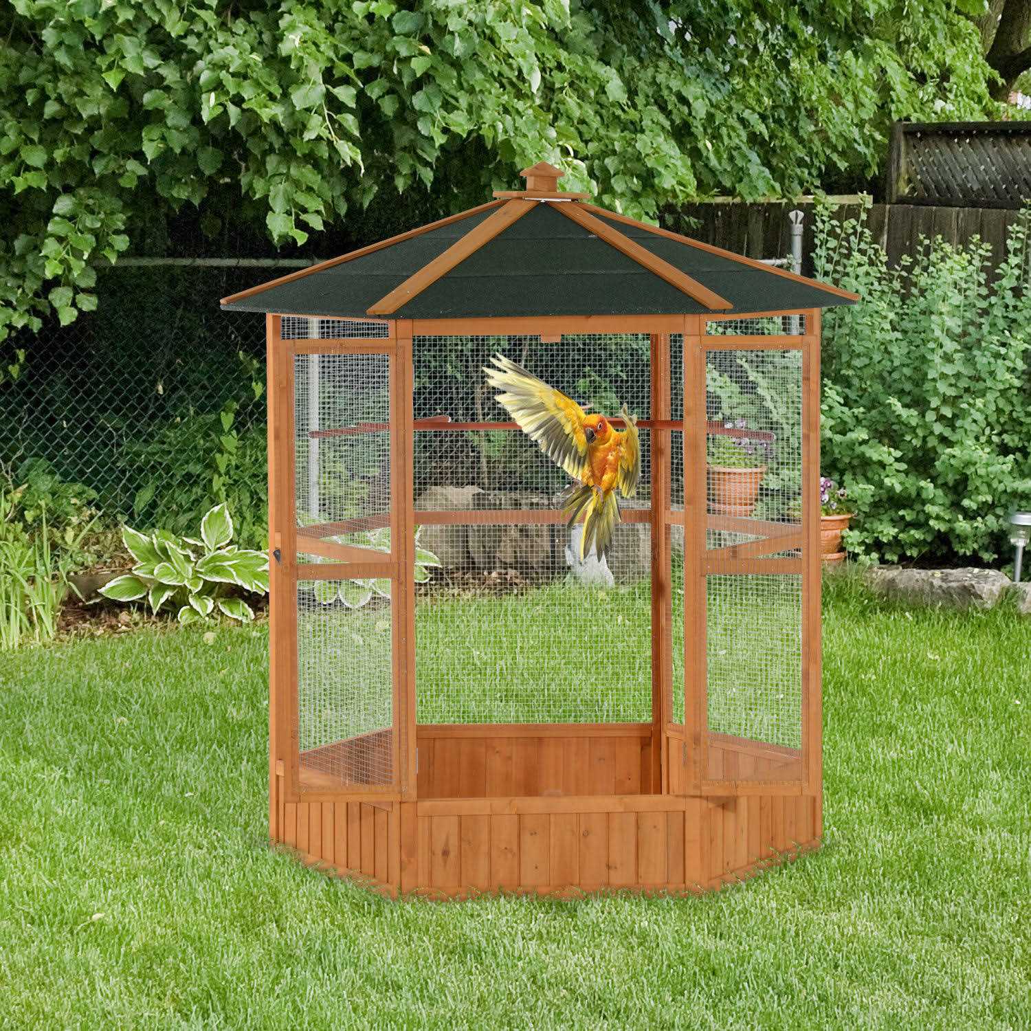 PawHut 69 Large Wooden Hexagonal Outdoor Aviary Flight Bird Cage With Covered Roof - Healthber