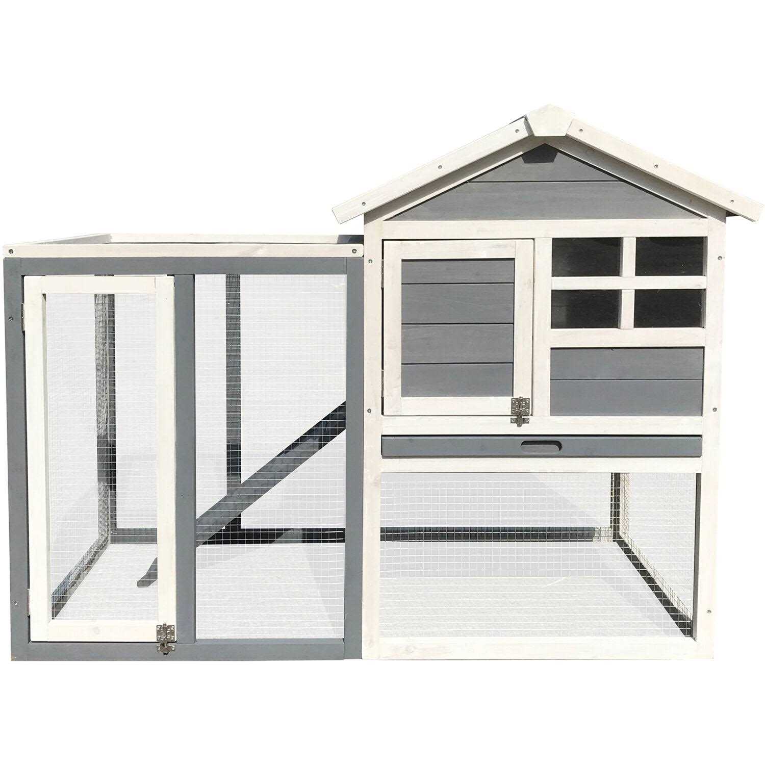 Hanover Outdoor Wooden Elevated Rabbit Hutch with Ramp Wire Mesh Run Waterproof Roof HANRH0102-GRY - Healthber