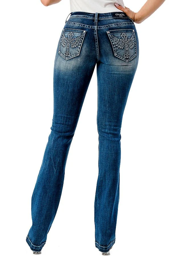 Grace in LA 3D Wing Mid Rise Bootcut Jeans - Healthber