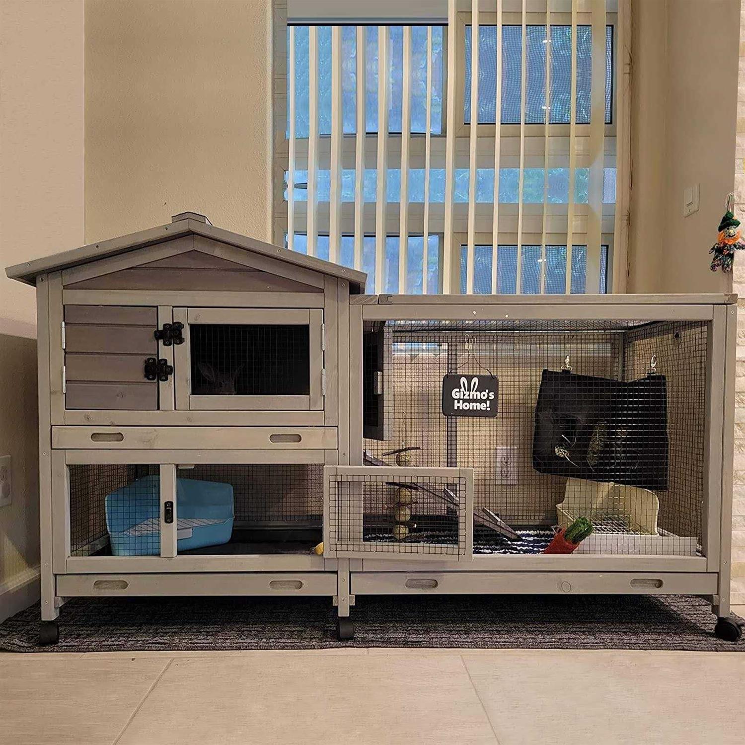 GUTINNEEN Bunny Cage Indoor and Outdoor Rabbit Hutch with Casters Waterproof Roof, Pull Out Tray from Back and Front - Healthber