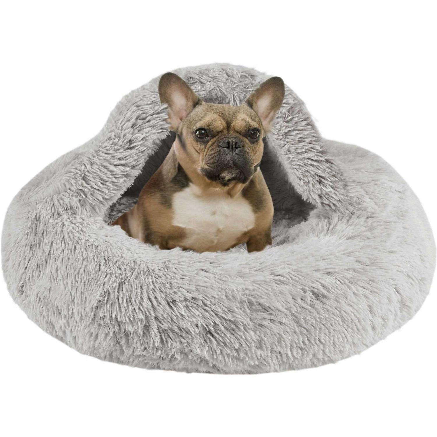 Friends Forever Luna Donut Cat Bed Cave Soft Faux Fur Hooded Blanket Dog couch For Indoor Pet - Healthber