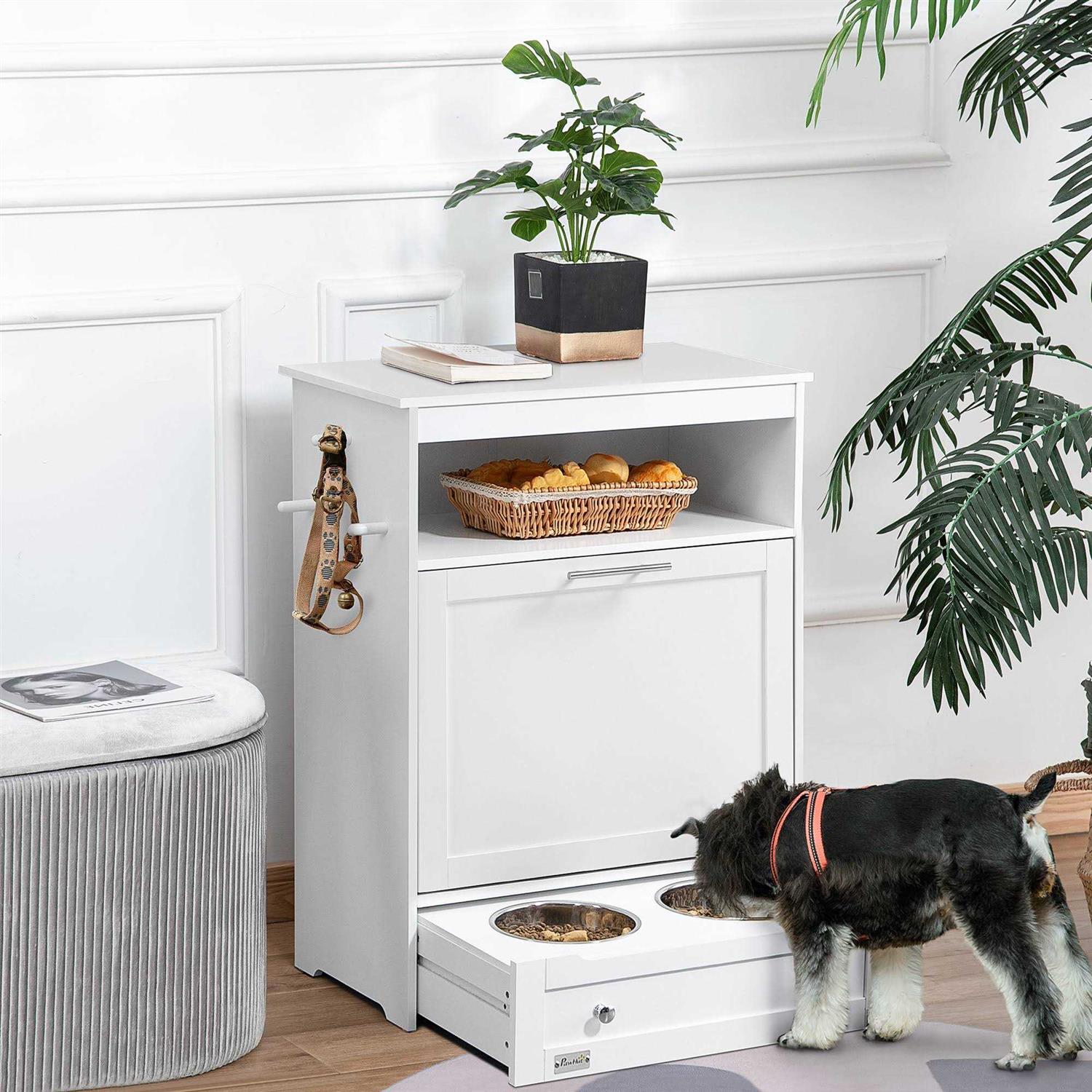 PawHut Pet Feeder Station Storage Cabinet, Dog Food Storage Container with Dog Raised Bowls and Hanger for Feeding & Watering Supplies - Healthber