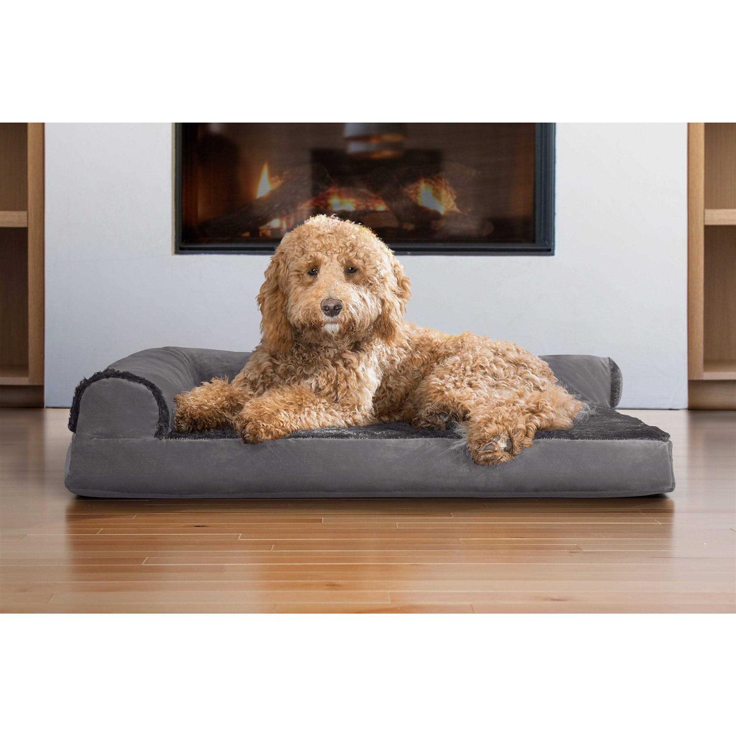 FurHaven Pet Bed Two-Tone Faux Fur Suede Deluxe Chaise Lounge Dog Bed - Healthber