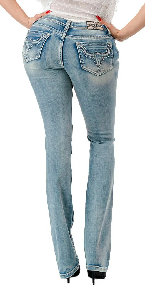 Grace in LA 3D Steer Head Mid Rise Bootcut Jeans - Healthber