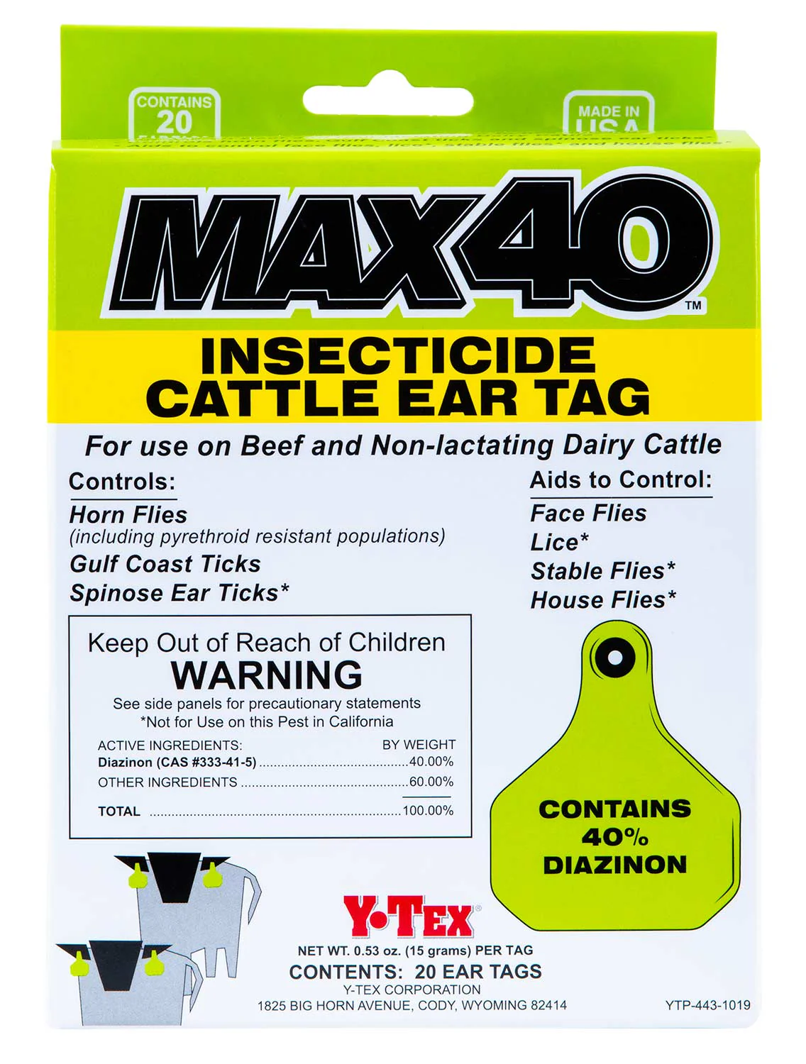 Y-Tex Max 40 Insecticide Cattle Ear Tag, 20 Pack - Healthber