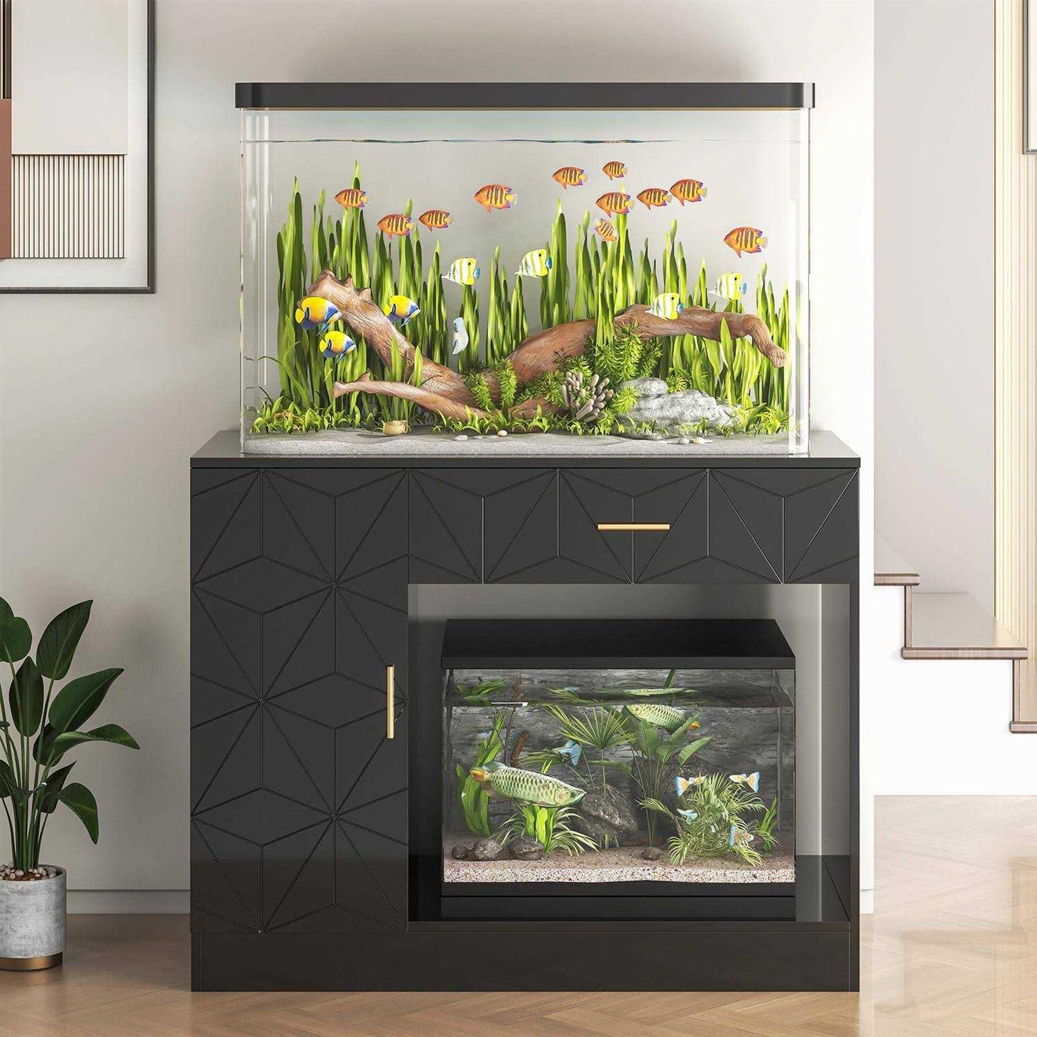 Saudism 40 Gallon Fish Tank Stand, 29-50 Gallon Aquarium Stand, Black Tank Stand, Fish Tank Table with Drawer and Cabinet, Sturdy and Durable - Healthber