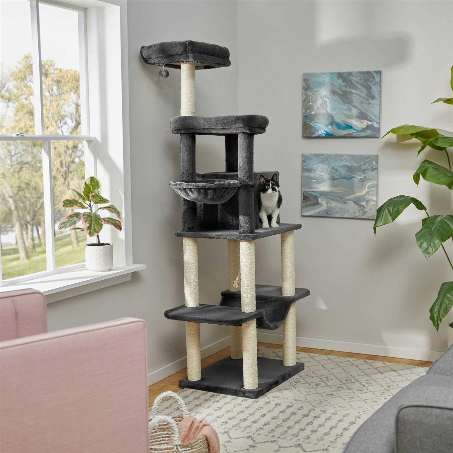 Frisco 73-in Cat Tree with Hammock Condo Lounge Basket Top Perch and Bed - Healthber