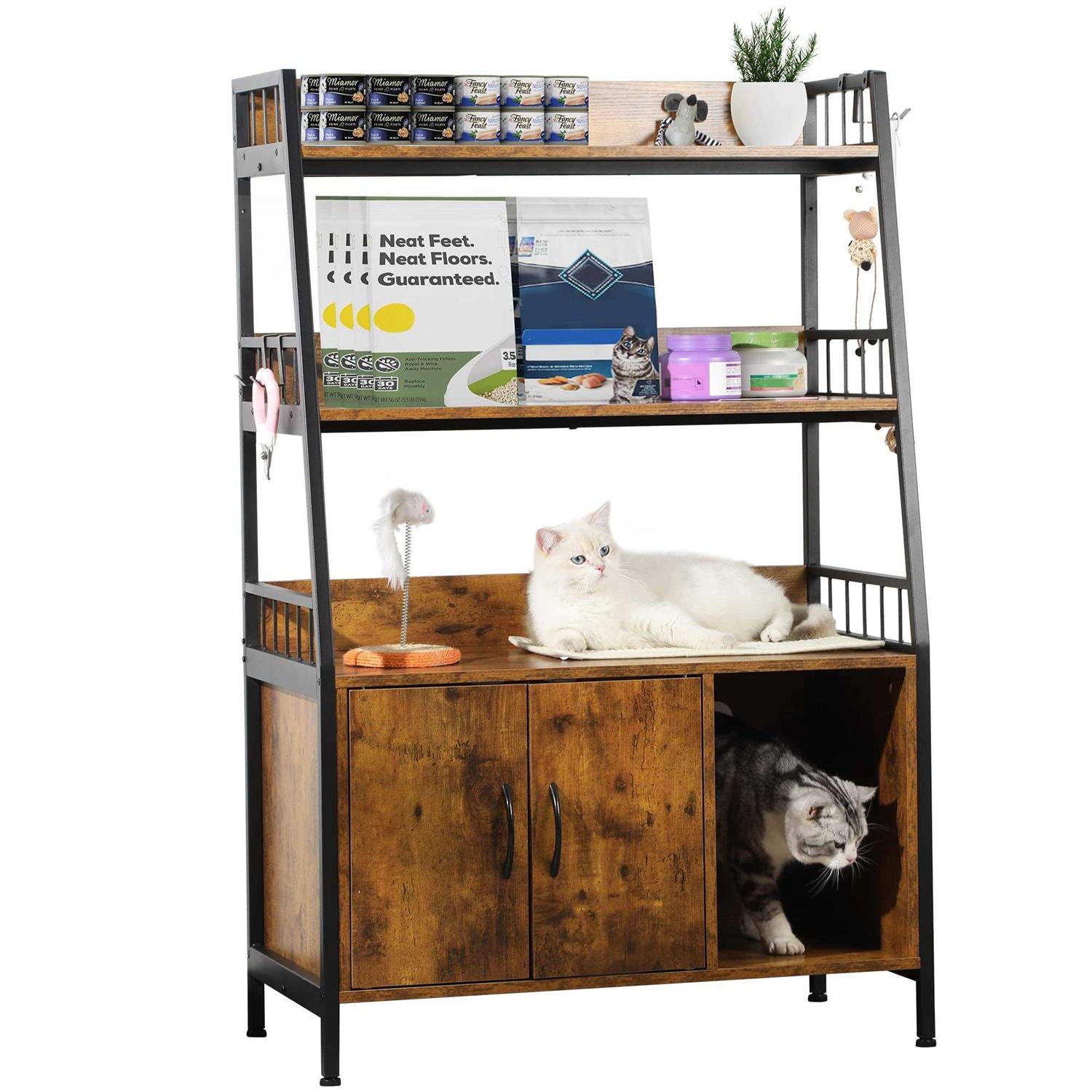 YITAHOME Cat Litter Box Enclosure with Storage Shelves Indoor Large Litter Box Furniture Wooden Hidden Cat Cabinet Washroom - Healthber