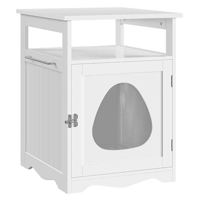 Topeakmart White Wooden Cat Litter Box with Open Shelf - Healthber