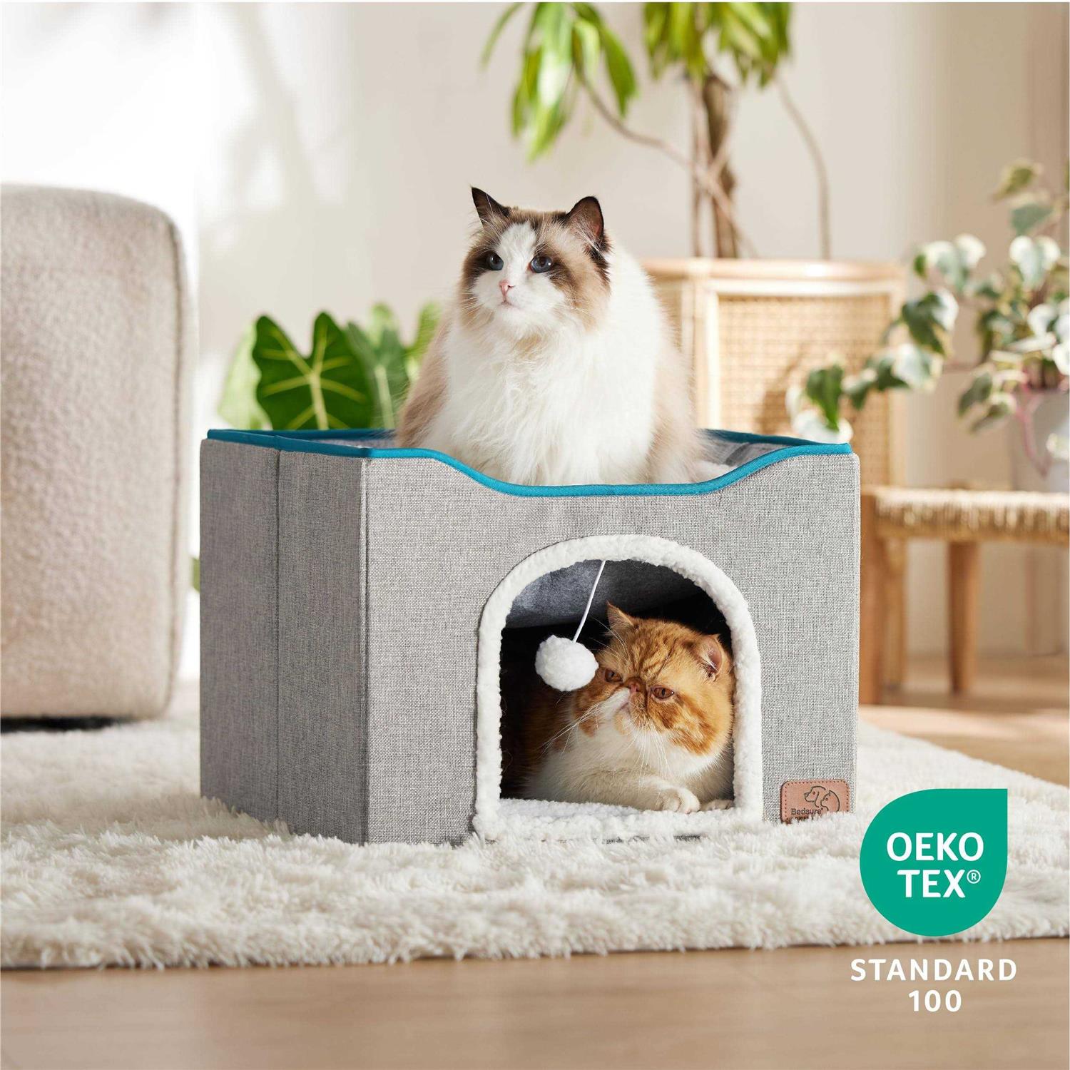 Bedsure Cat Beds for Indoor Cats Large Cat Cave for Pet Cat House with Fluffy Ball Hanging and Scratch Pad - Healthber