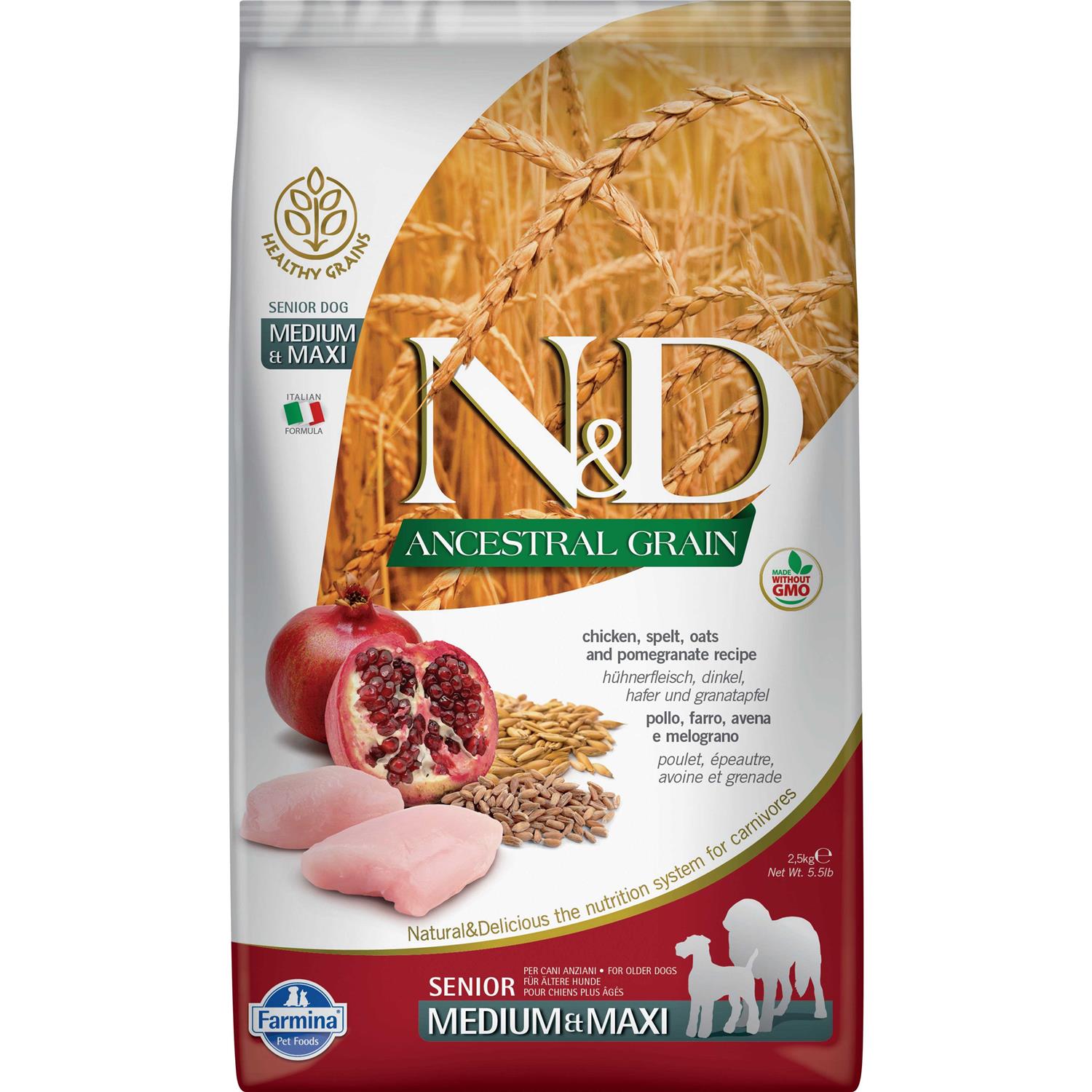 Farmina N&D Ancestral Grain Chicken & Pomegranate Medium & Maxi Senior Dry Dog Food - Healthber