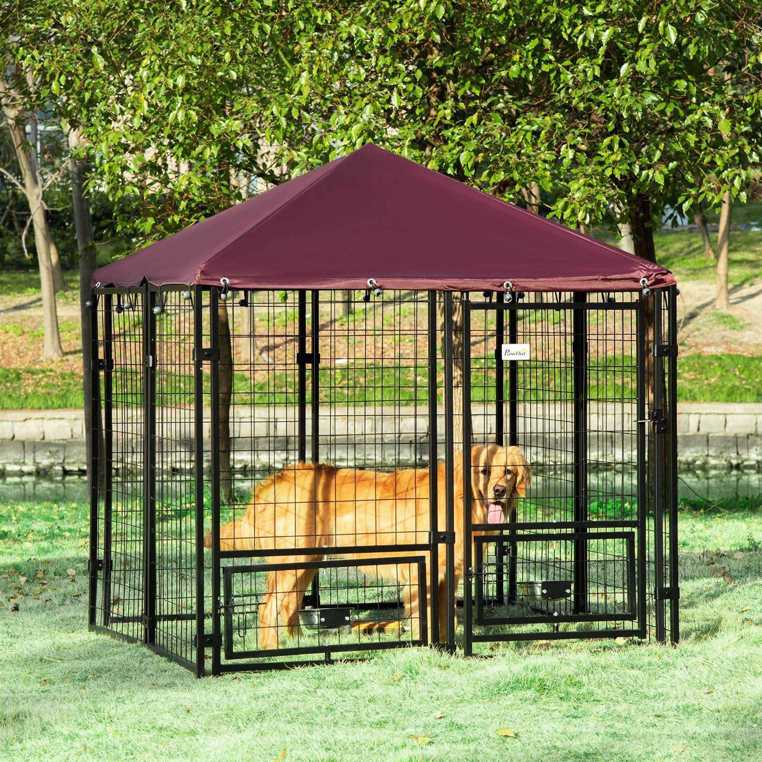 PawHut Indoor/Outdoor Metal Dog Kennel, Dog House with Lock, Weather Resistant Canopy and 2 Bowl Holders and Bowls - Healthber