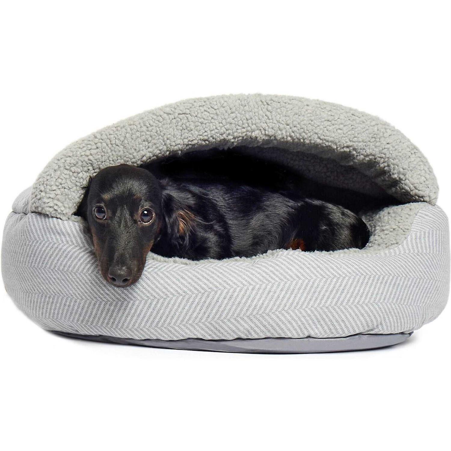 Precious Tails Herringbone Canvas Fleece Deep Dish Cave Bed - Healthber