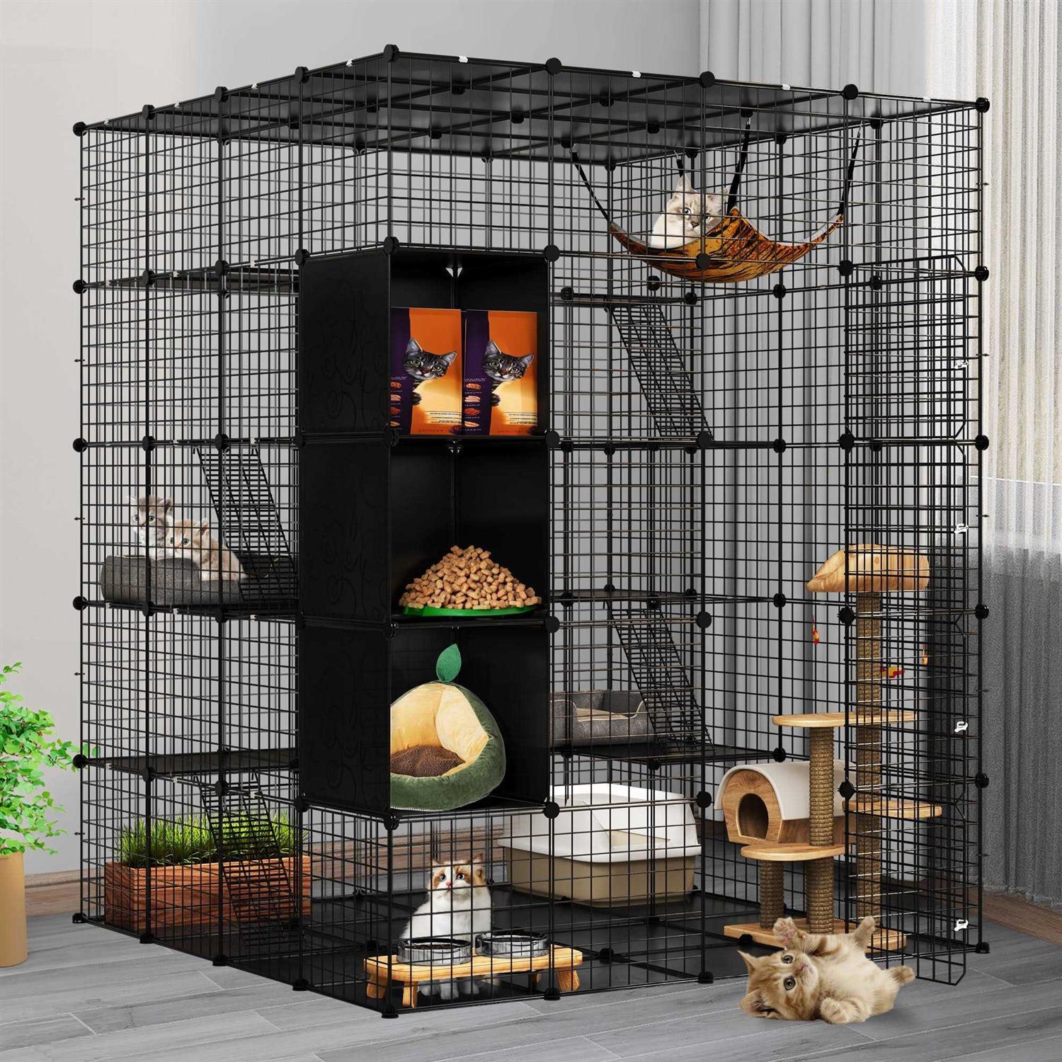 Dextrus Large Cat Cage 5-Tier Kennels with Cube Storage DIY Indoor Catio Enclosure Spacious Cat Playpen with Hammock - Healthber