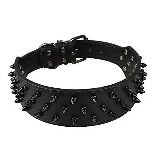 Dogs Kingdom Leather Black Spiked Studded Dog Collar 2 Wide - Healthber
